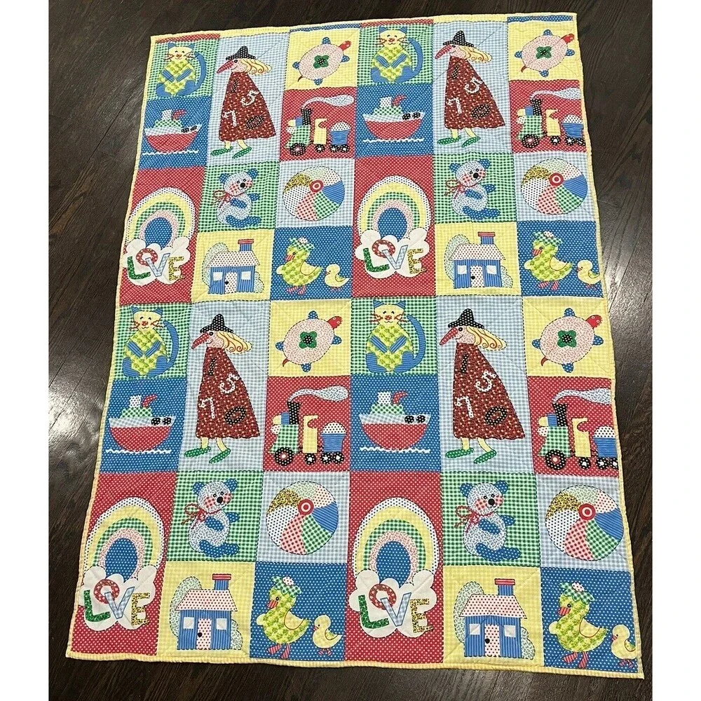 Vintage 70's Quilted Blanket Train Cat Bear Turtle Spring Mills Cotton 59”x42”